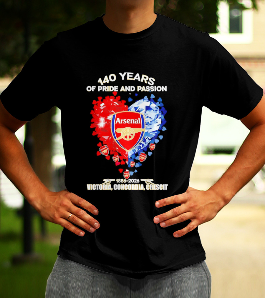 Arsenal 140 Years Of Pride And Passion Victoria Concordia Crescit 1886 2026 Heart Badge Crest T-Shirt