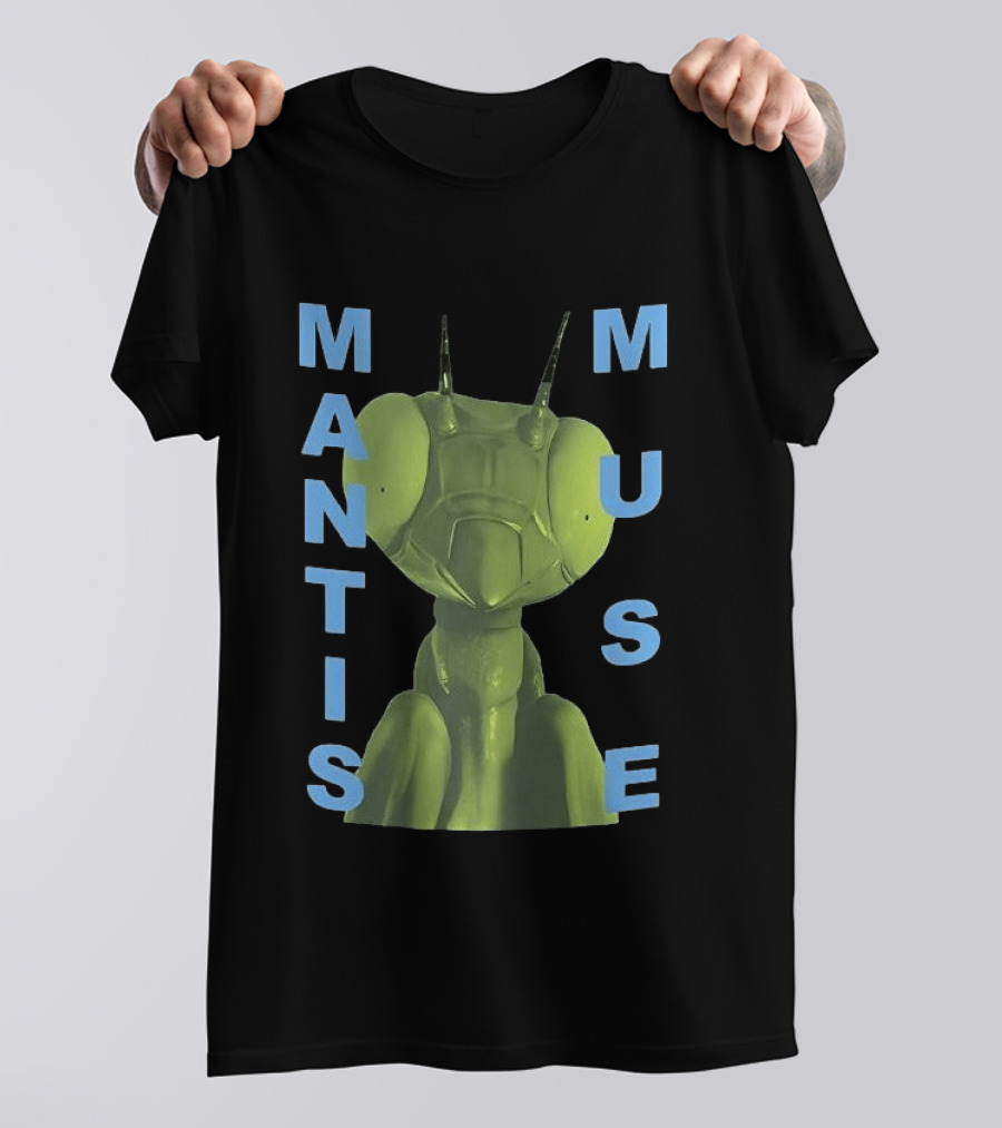 David Shrigley Mantis Muse Green Illustration With Blue T-Shirt