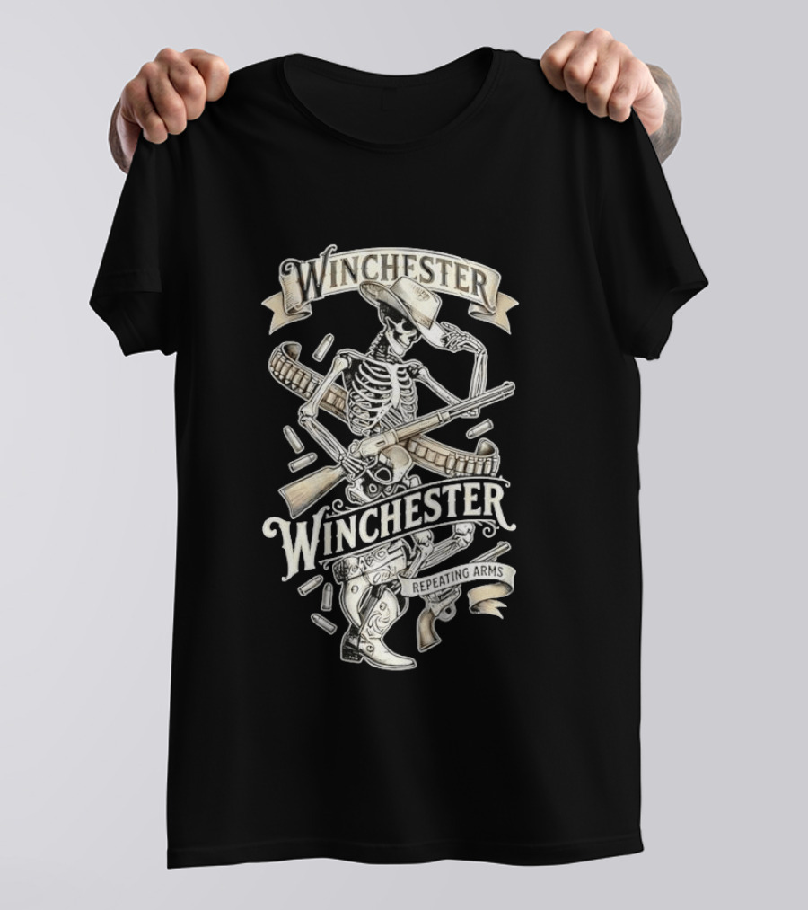 Winchester Repeating Arms Cowboy Skeleton With Rifle And Bullets T-Shirt