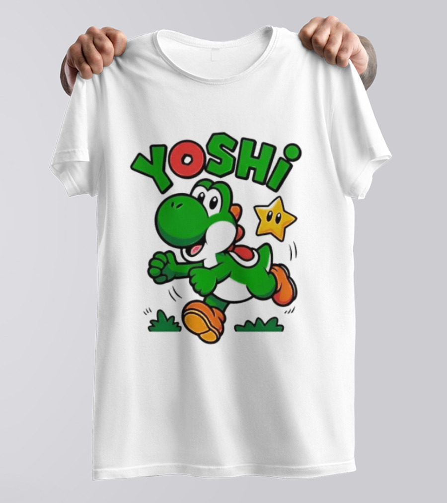 Yoshi Super Mario Green Dinosaur Running With Star T-Shirt