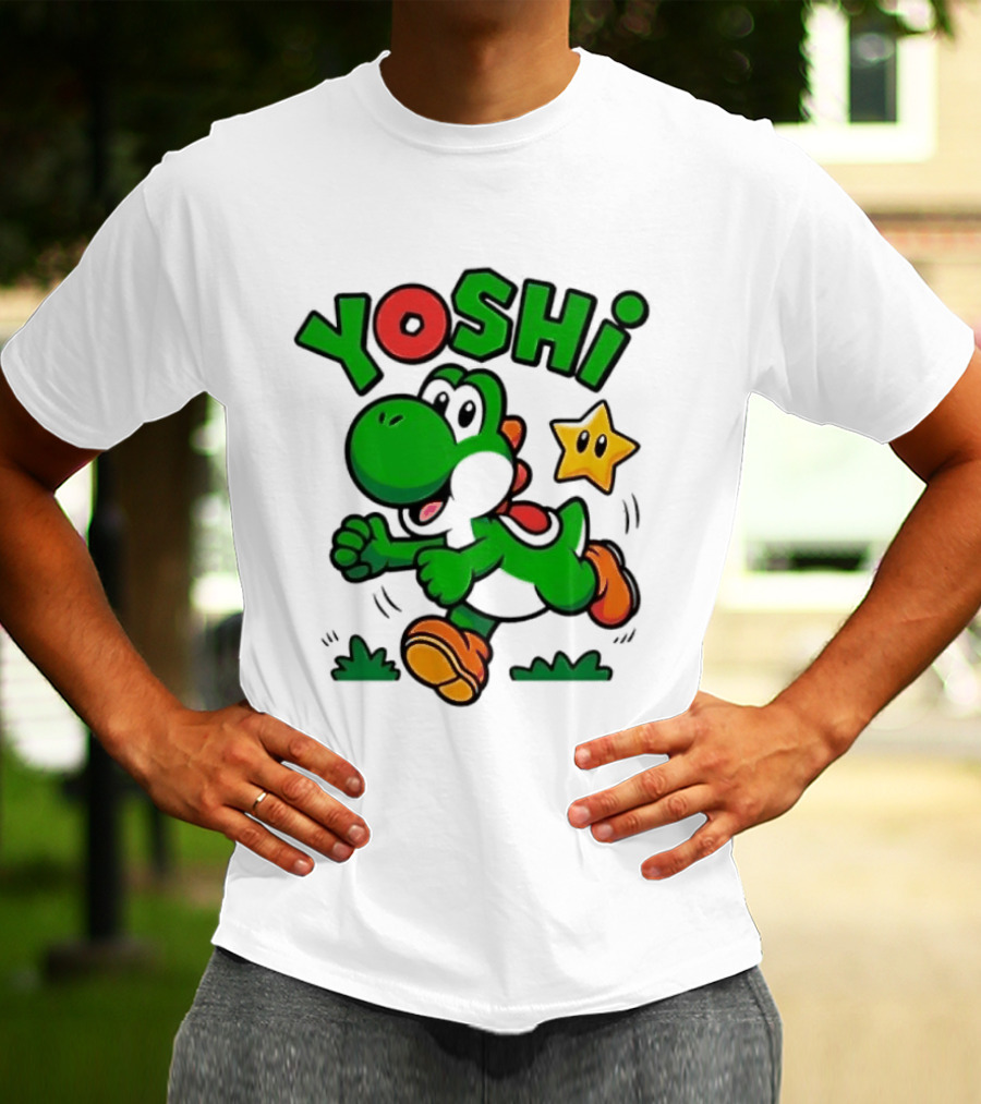 Yoshi Super Mario Green Dinosaur Running With Star T-Shirt