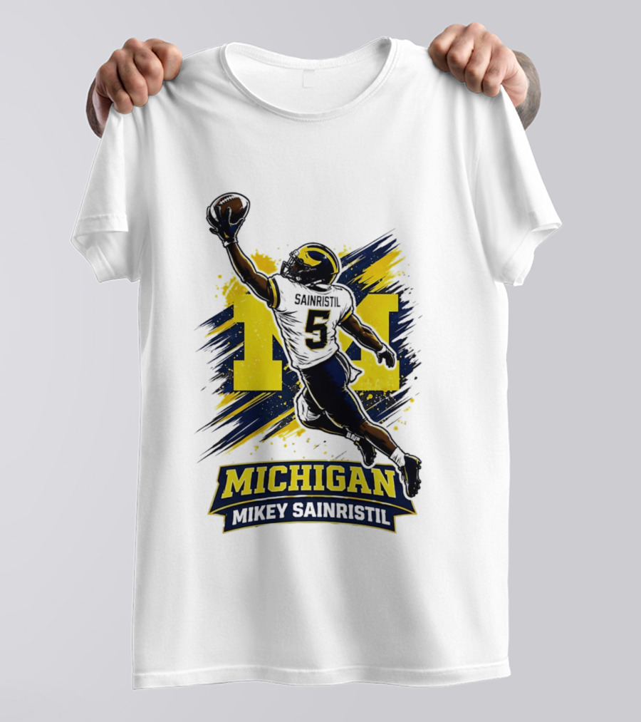 Michigan Mikey Sainristil Catching Football Wolverines Player T-Shirt