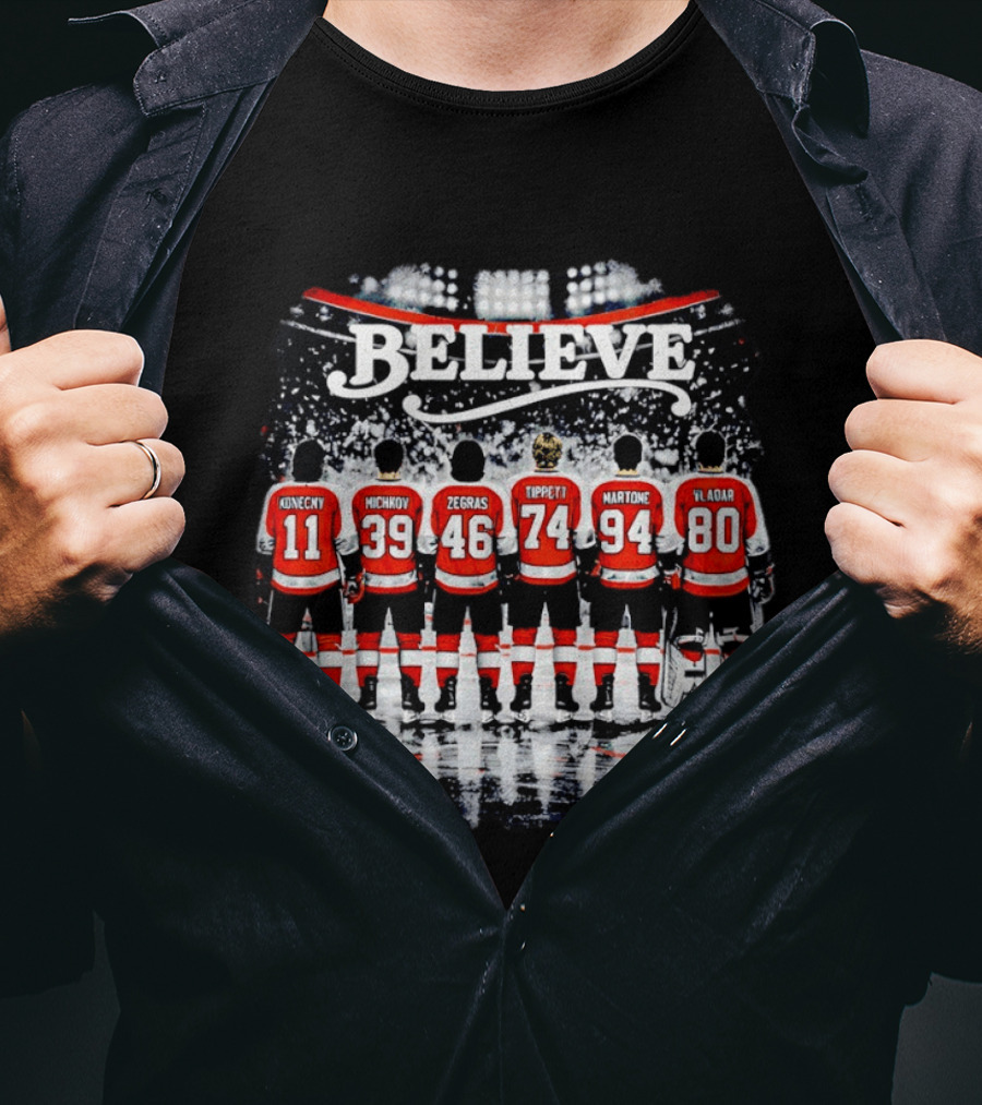 Believe Philadelphia Flyers Konecny Michkov Zegras Tippett Martone Vladar NHL Team Back View T-Shirt