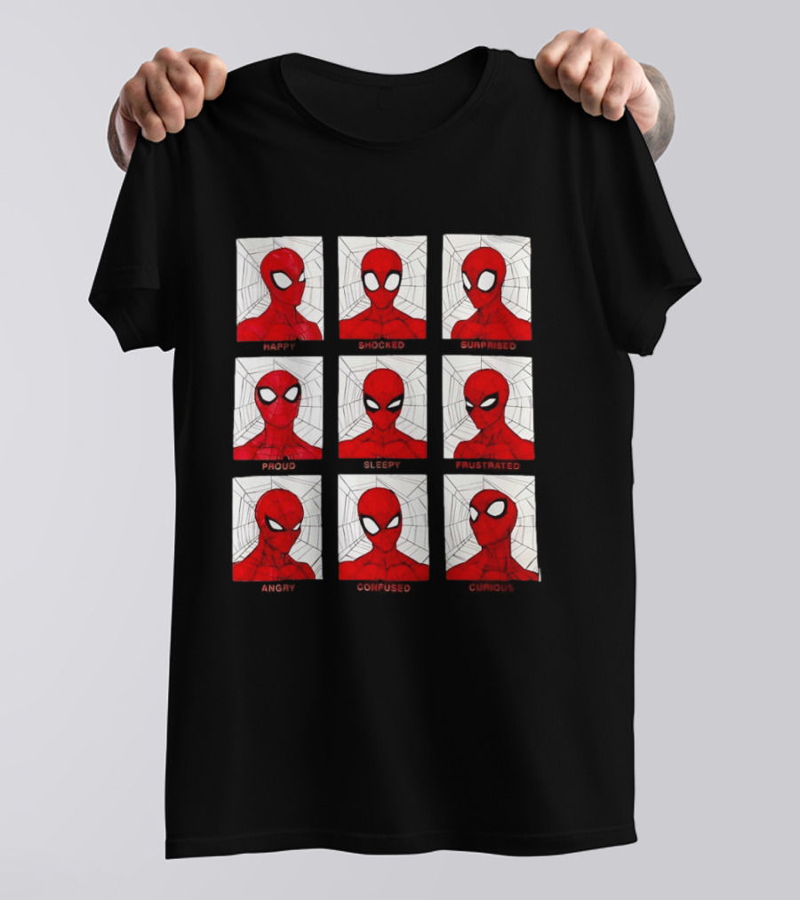 Spider Man Emotional States Happy Shocked Surprised Proud Sleepy Frustrated Angry Confused Curious T-Shirt