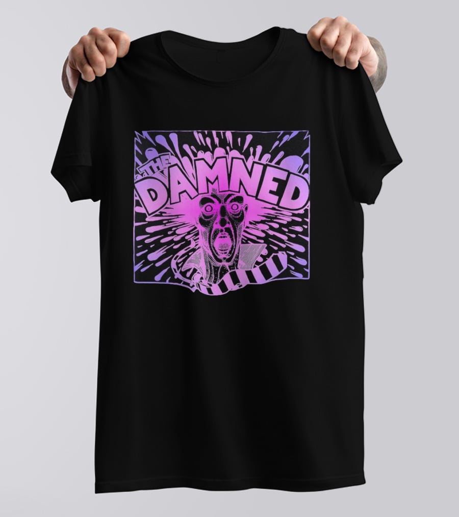 THE DAMNED Horror Face Neon Splatter Purple Black T-Shirt