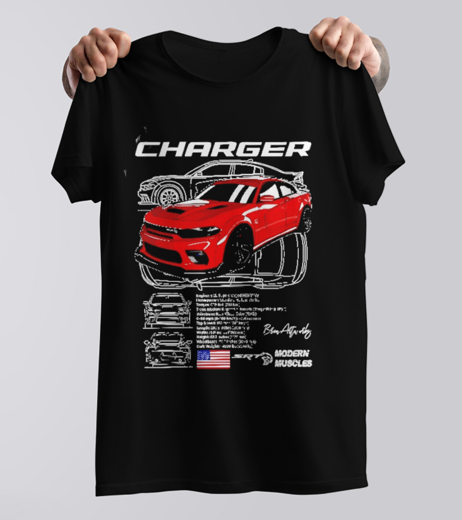 Dodge Charger Hellcat Red Modern Muscles Blueprint USA Flag T-Shirt