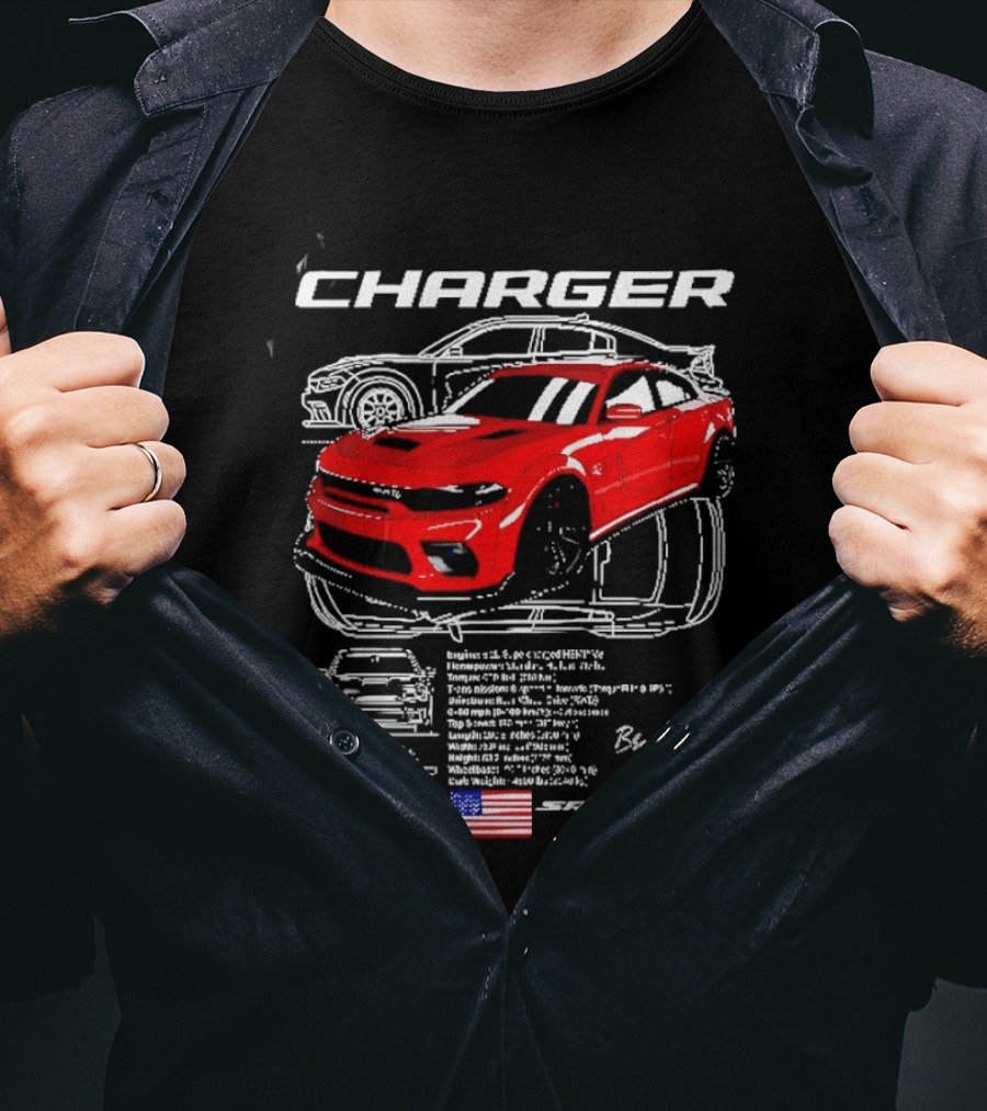 Dodge Charger Hellcat Red Modern Muscles Blueprint USA Flag T-Shirt