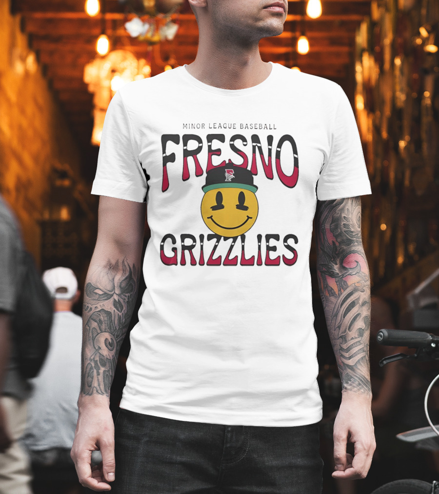 Fresno Grizzlies Minor League Baseball 70's Smiley Face Hat T-Shirt