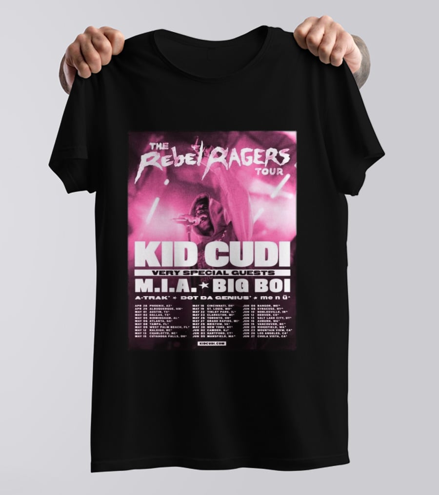 The Rebel Ragers Tour Kid Cudi 2026 Featuring M.I.A. Big Boi A Trak Dot Da Genius Tour Dates T-Shirt