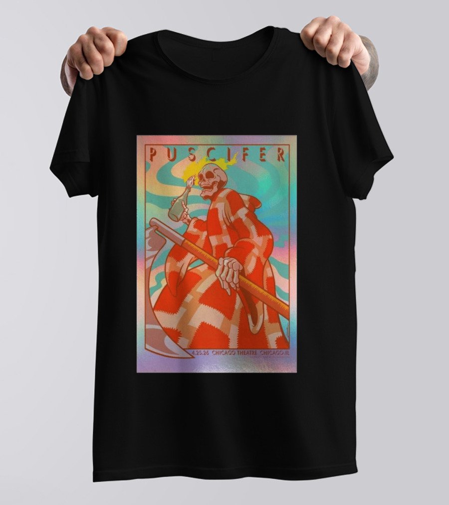 Puscifer 4.25.26 Chicago Theatre IL Skeleton Robe Checkerboard Psychedelic T-Shirt