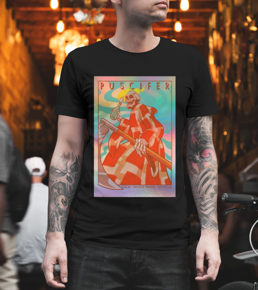 Puscifer 4.25.26 Chicago Theatre IL Skeleton Robe Checkerboard Psychedelic T-Shirt