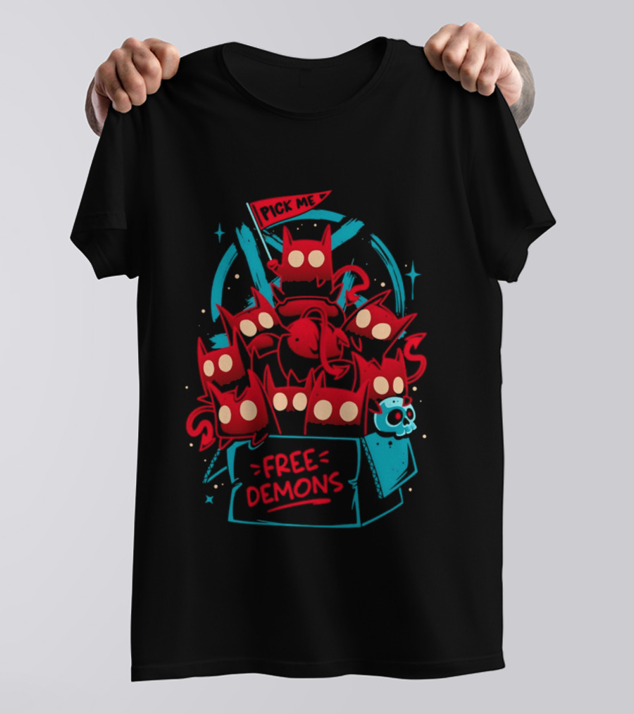 Free Demons Box Pick Me Red Monsters Cute Cartoon T-Shirt