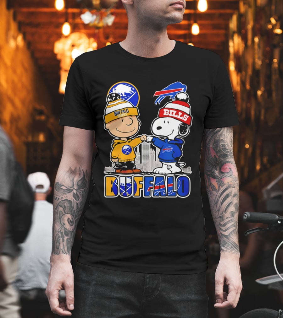 Buffalo Sabres Bills Snoopy City Skyline Collaboration With Charlie Brown T-Shirt