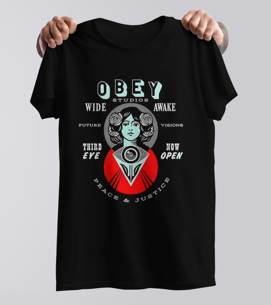 Obey Studios Wide Awake Future Visions Third Eye Now Open Peace And Justice T-Shirt