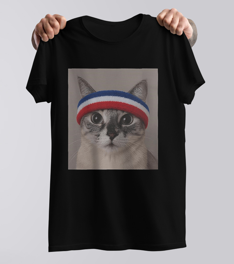 Cat Wearing Red White Blue Terry Headband T-Shirt