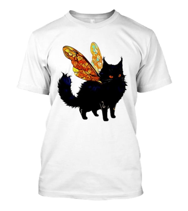 Black Cat With Colorful Fairy Wings Fantastical T-Shirt