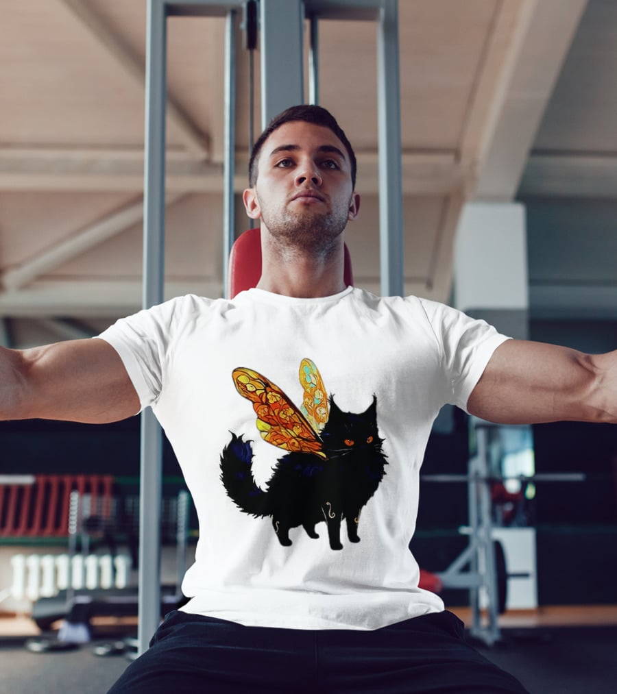 Black Cat With Colorful Fairy Wings Fantastical T-Shirt