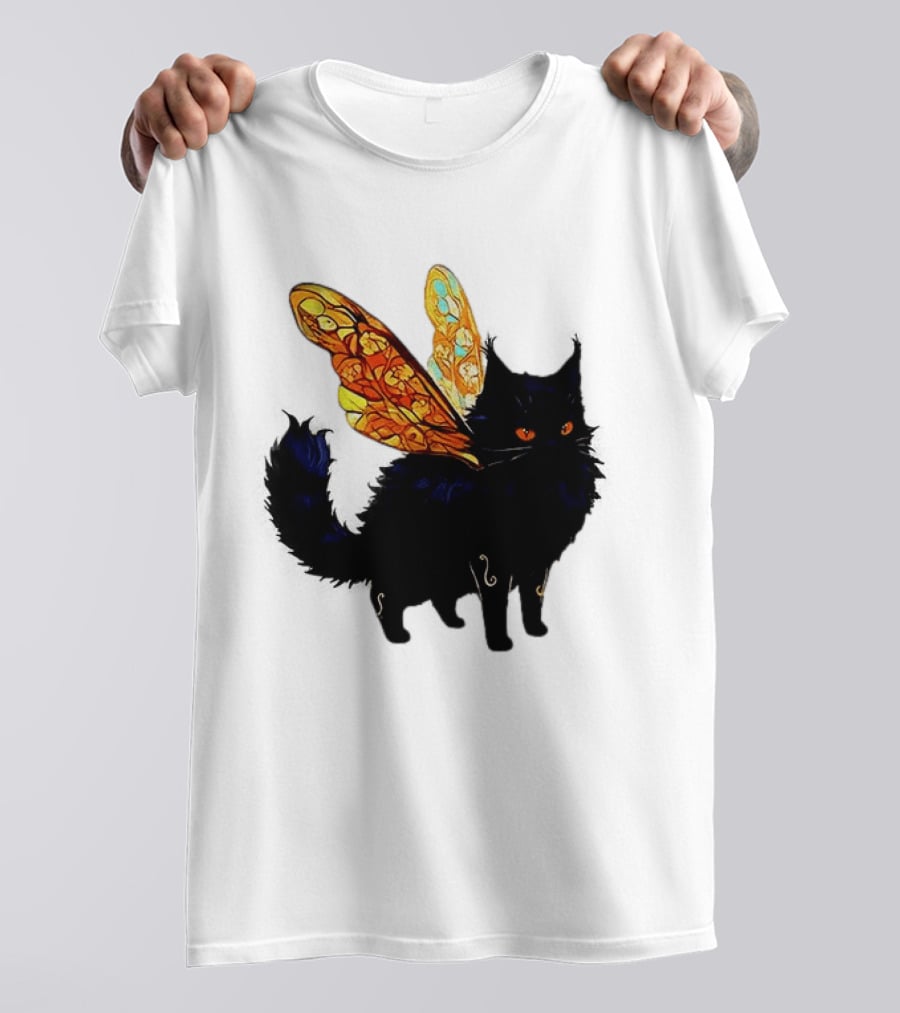 Black Cat With Colorful Fairy Wings Fantastical T-Shirt