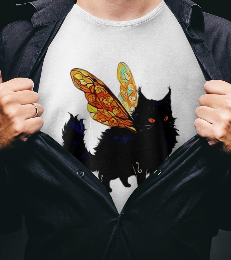 Black Cat With Colorful Fairy Wings Fantastical T-Shirt