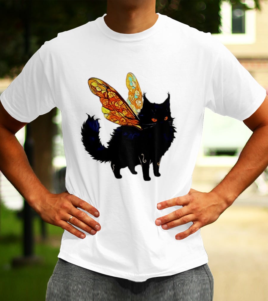 Black Cat With Colorful Fairy Wings Fantastical T-Shirt