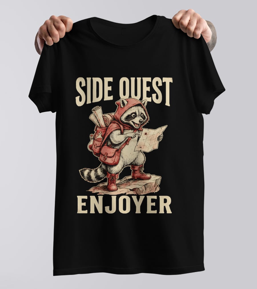 Side Quest Enjoyer Adventurer Raccoon With Map And Backpack T-Shirt