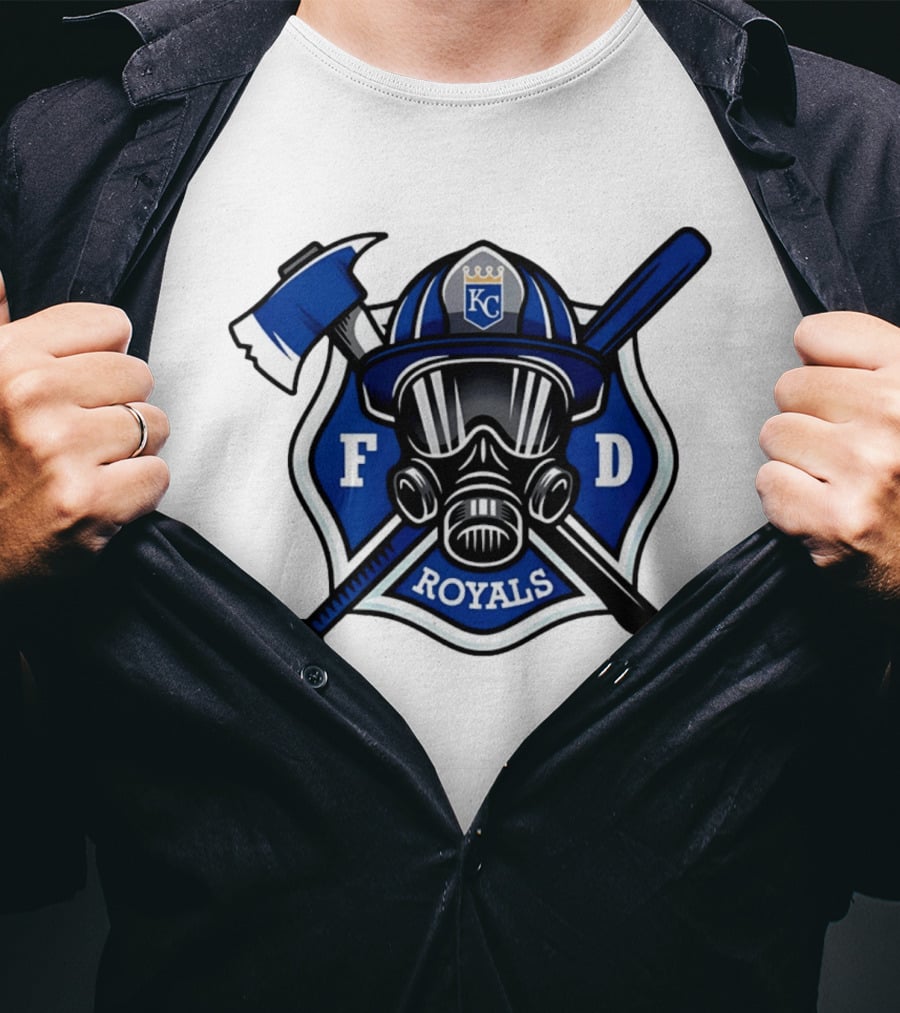 Kansas City Royals Firefighter FD Helmet Gas Mask Axe Bat T-Shirt