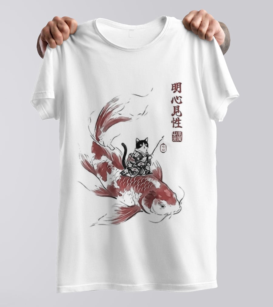 Kimono Cat Riding Koi Fish Classical Japanese T-Shirt