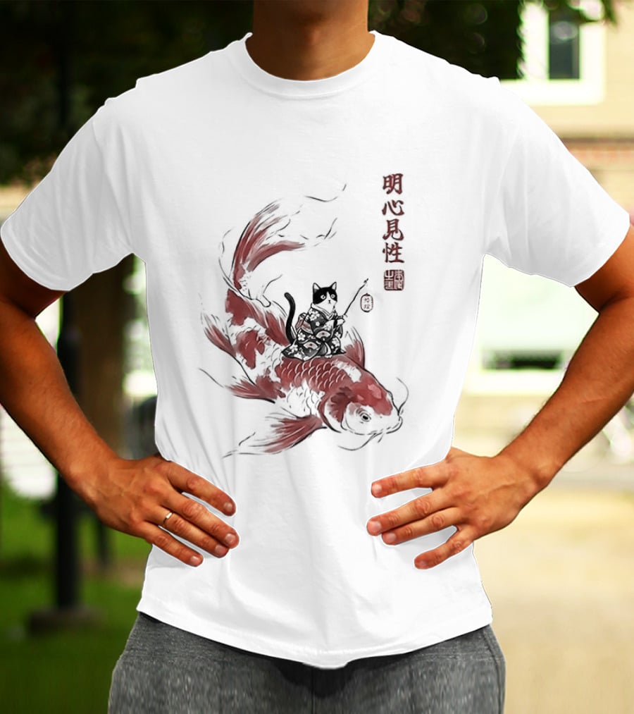 Kimono Cat Riding Koi Fish Classical Japanese T-Shirt