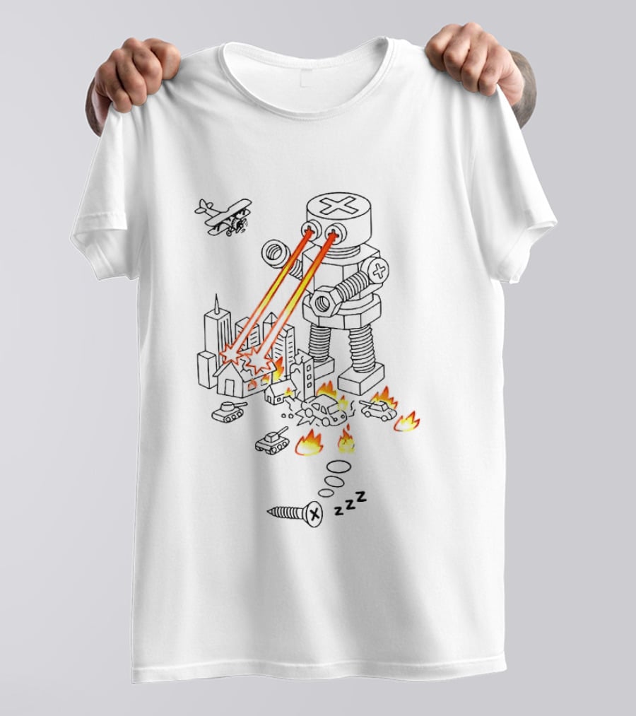 Screw Robot Destroying City Doodle Laser Eyes Fire Chaos Airplane Tanks T-Shirt
