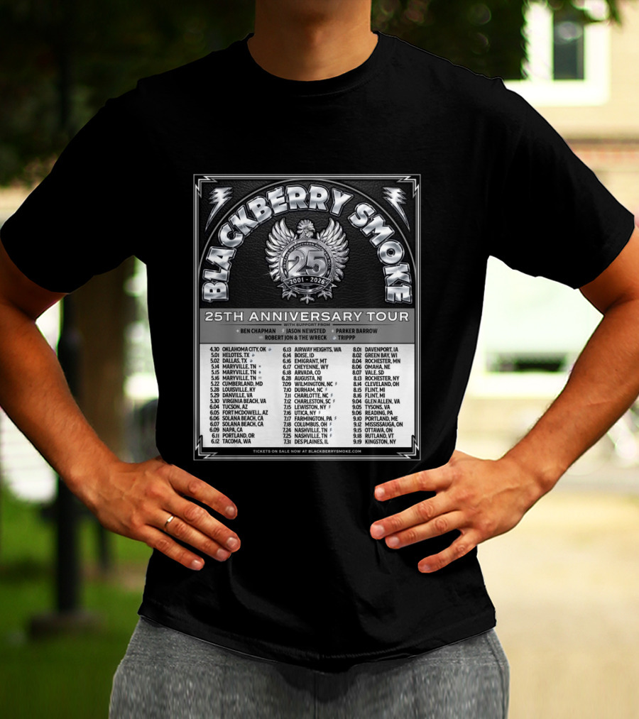 Blackberry Smoke 25th Anniversary Tour 2024 With Ben Chapman And Jason Newsted Featuring Parker Barrow And Robert Jon & The Wreck T-Shirt