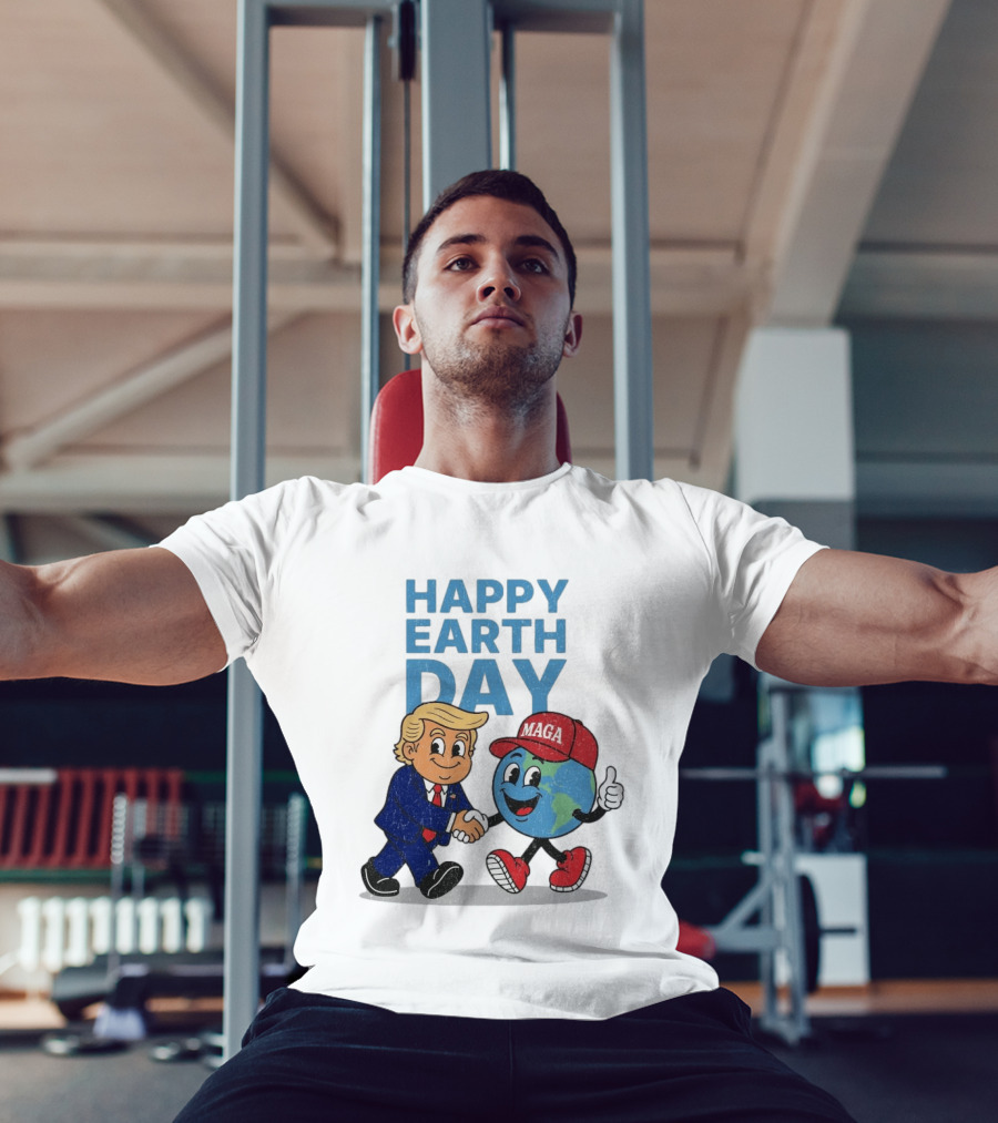 Happy Earth Day Trump MAGA Earth Cartoon Shaking Hands T-Shirt