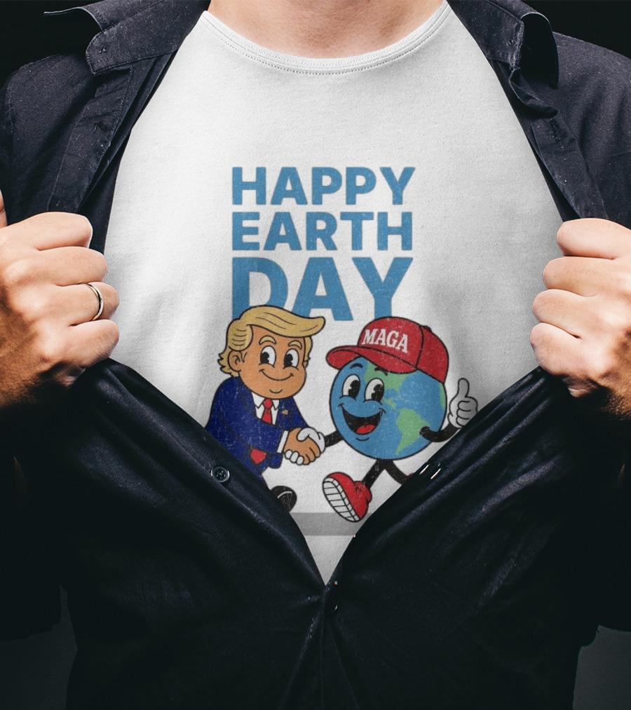 Happy Earth Day Trump MAGA Earth Cartoon Shaking Hands T-Shirt