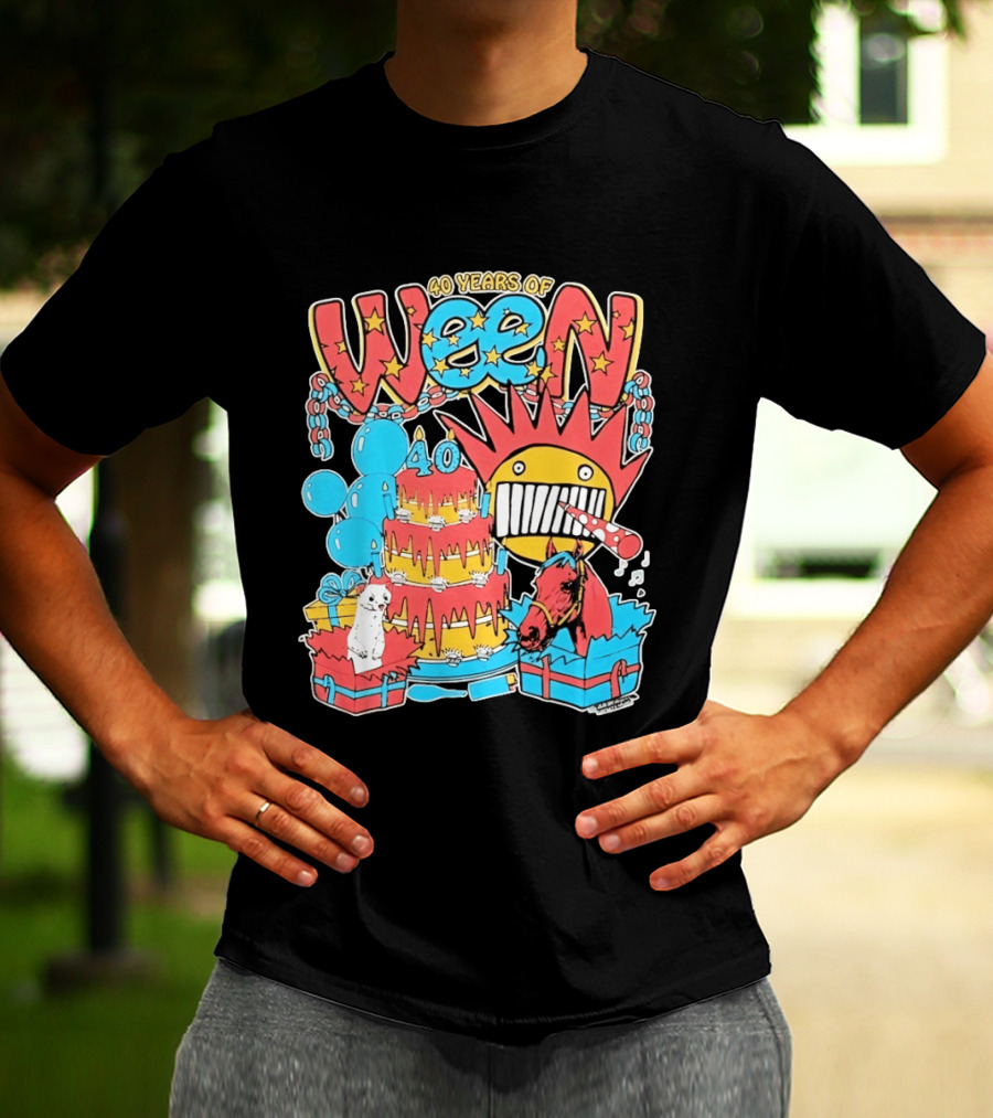 40 Years Of Ween Celebration Cake Balloons Dog Horse Black Sun Mask T-Shirt