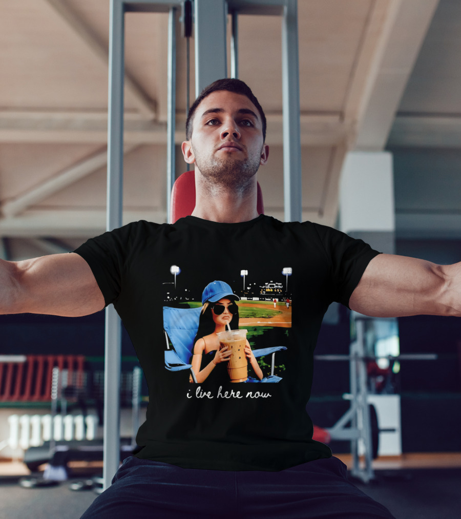 I Live Here Now Barbie Drink Coffee Baseball Stadium Scene T-Shirt