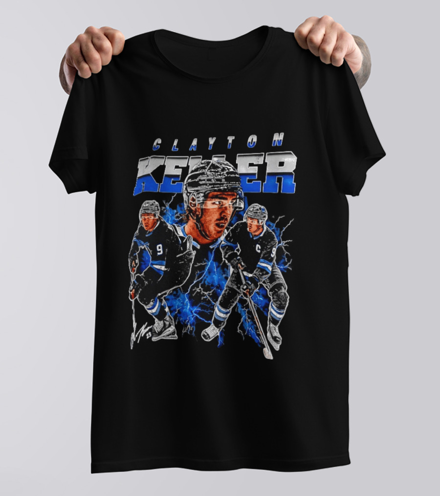 Clayton Keller 9 Utah Mammoth Ice Hockey Player Blue Lightning T-Shirt