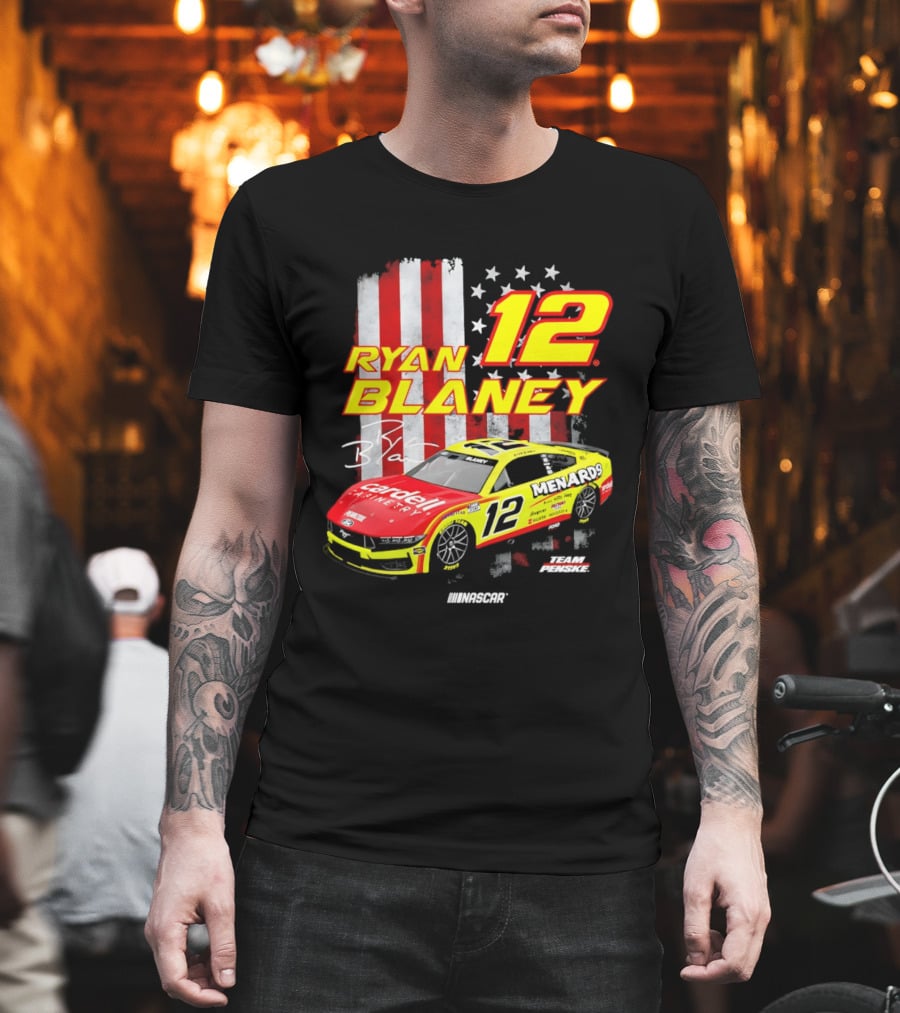 Ryan Blaney 12 Team Penske NASCAR American Flag Racing Car T-Shirt