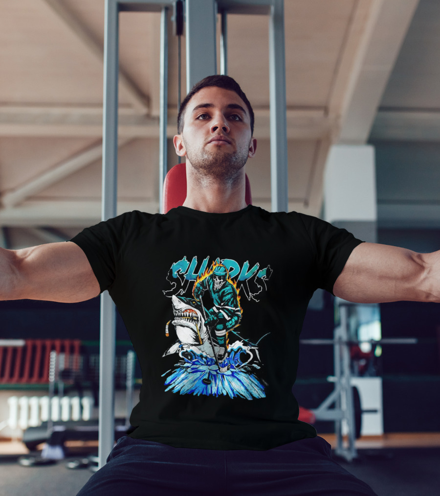 San Jose Sharks 90s Hockey Skull Flames Ice Shark Rider T-Shirt