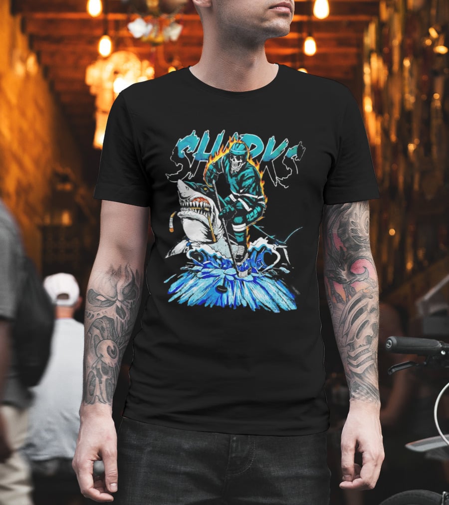 San Jose Sharks 90s Hockey Skull Flames Ice Shark Rider T-Shirt