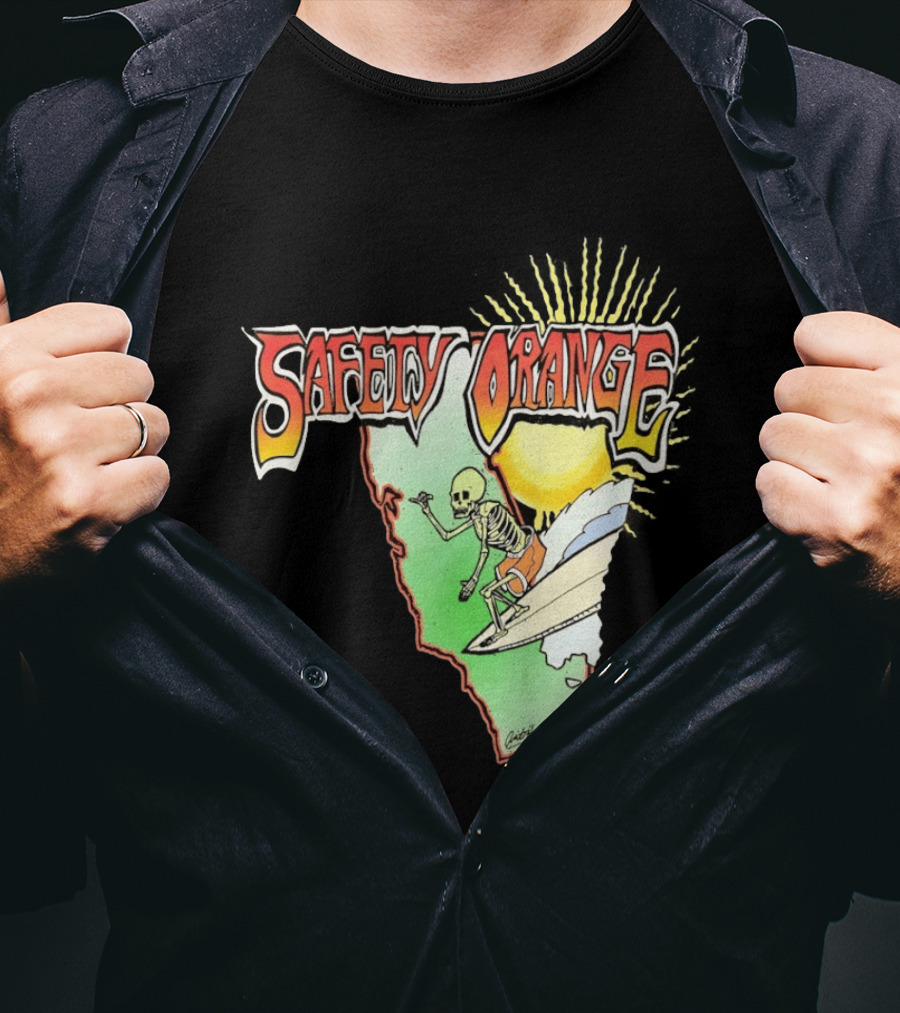 Safety Orange Skeleton Surfing Explosion Scene T-Shirt