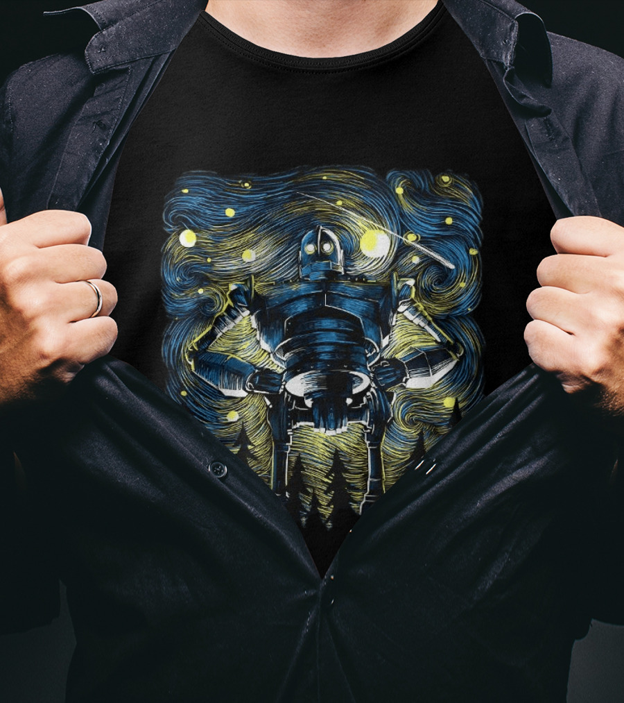 Iron Giant Meets Van Gogh's Starry Night Fusion T-Shirt