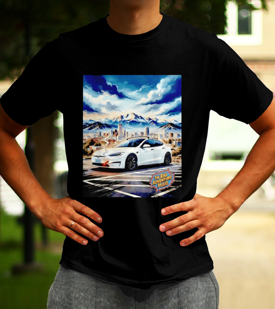 The Rad Adventure Plaid Electric Car Scenic Mountain Cityscape T-Shirt