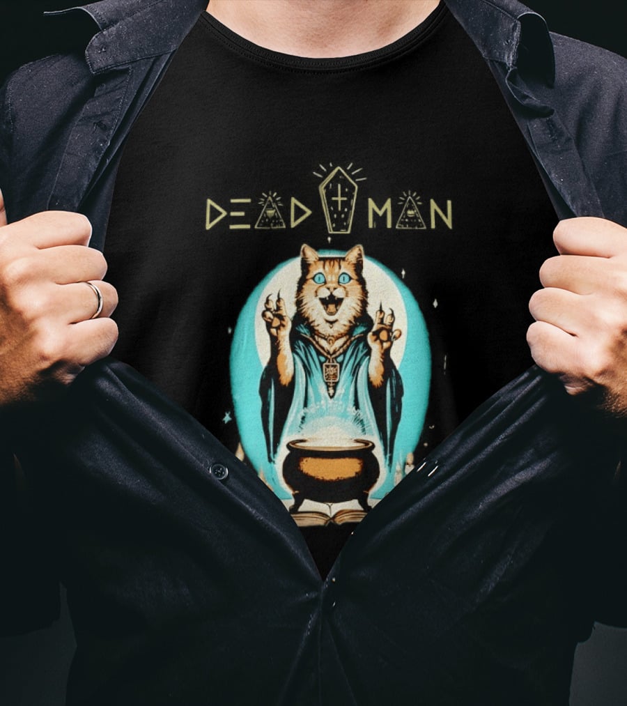 Wizard Cat Casting Spell With Cauldron And Candles Dead Man T-Shirt
