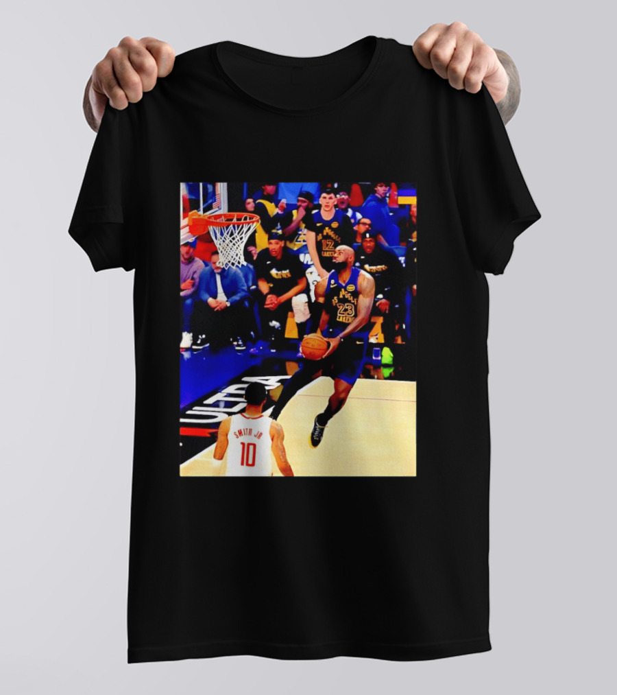 LeBron James Los Angeles Lakers Dunking Action Photo T-Shirt