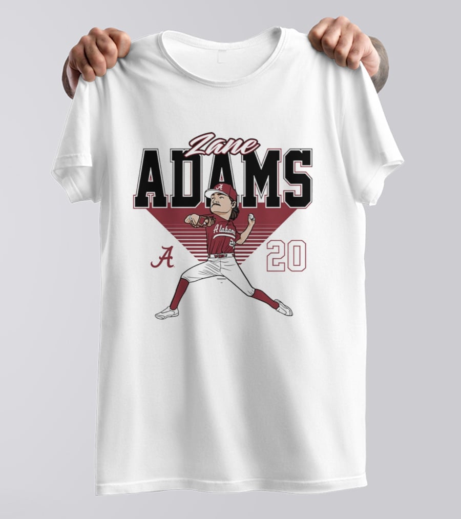 Zane Adams 20 Alabama Crimson Tide Baseball Caricature Player Pitching T-Shirt