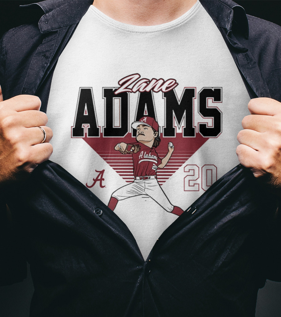 Zane Adams 20 Alabama Crimson Tide Baseball Caricature Player Pitching T-Shirt