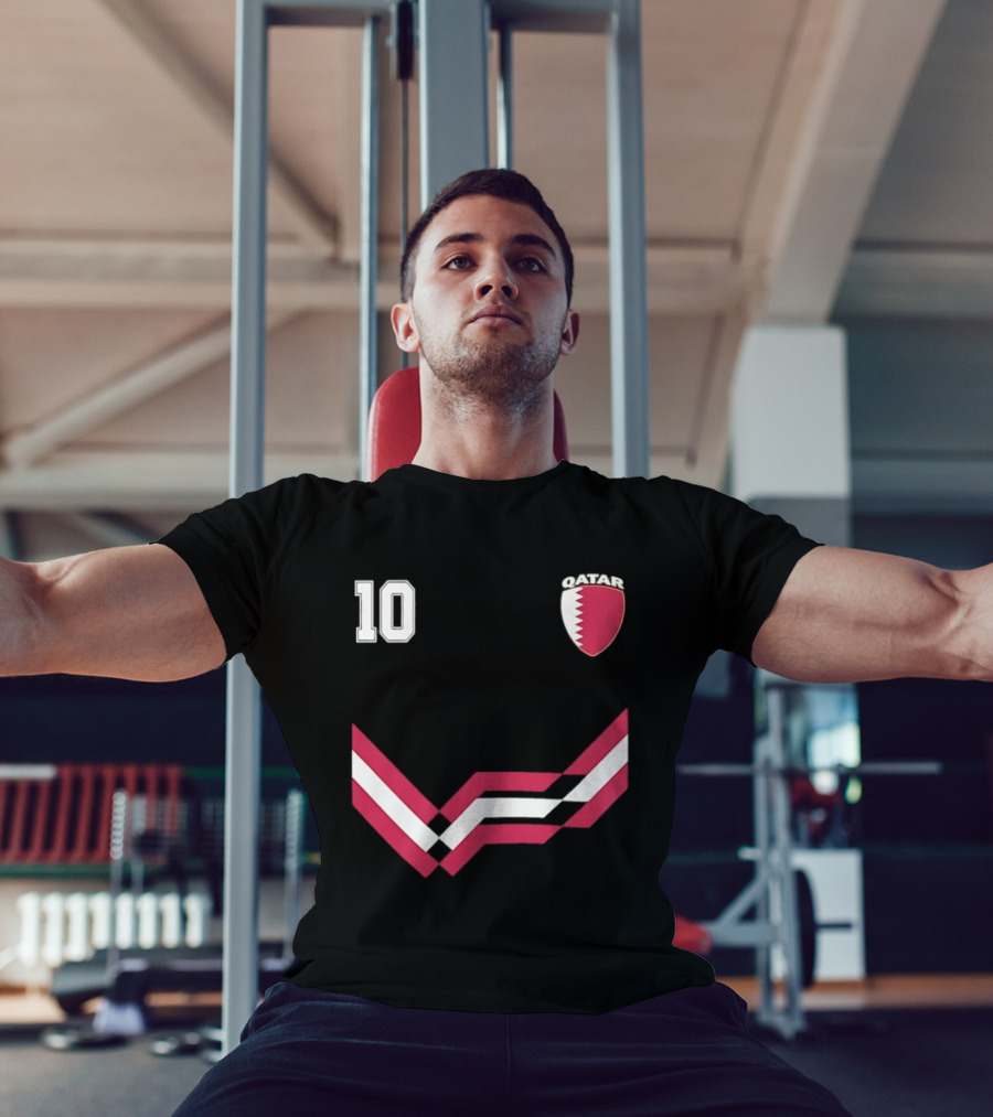 Akram Afif Qatar 10 Soccer Badge Red Chevron T-Shirt