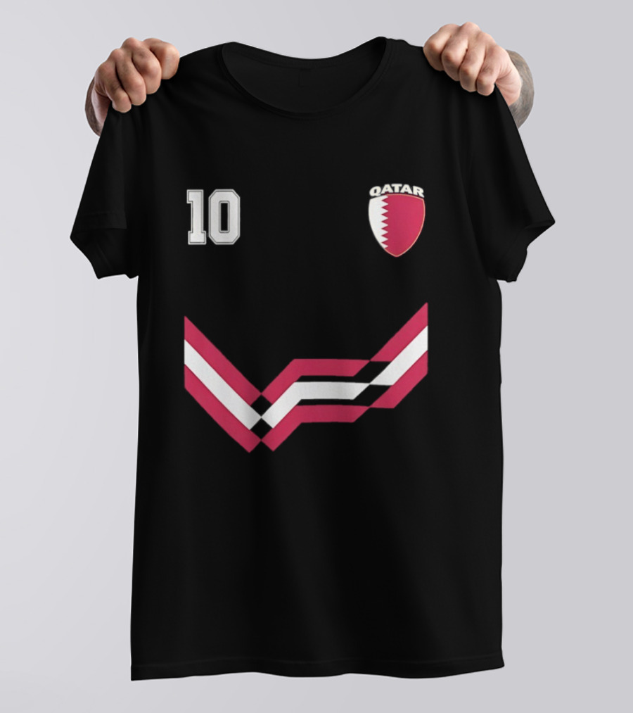 Akram Afif Qatar 10 Soccer Badge Red Chevron T-Shirt