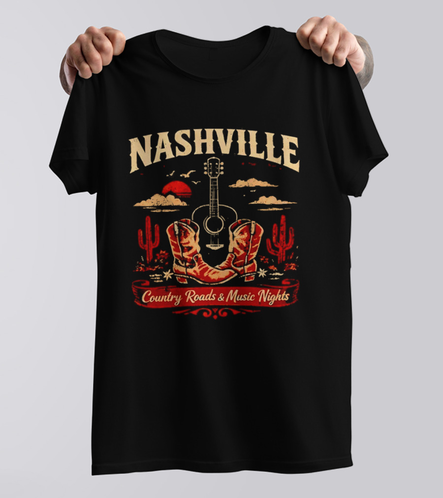 Nashville Country Roads Music Nights Boots Guitar Desert Cactus Moon Clouds T-Shirt