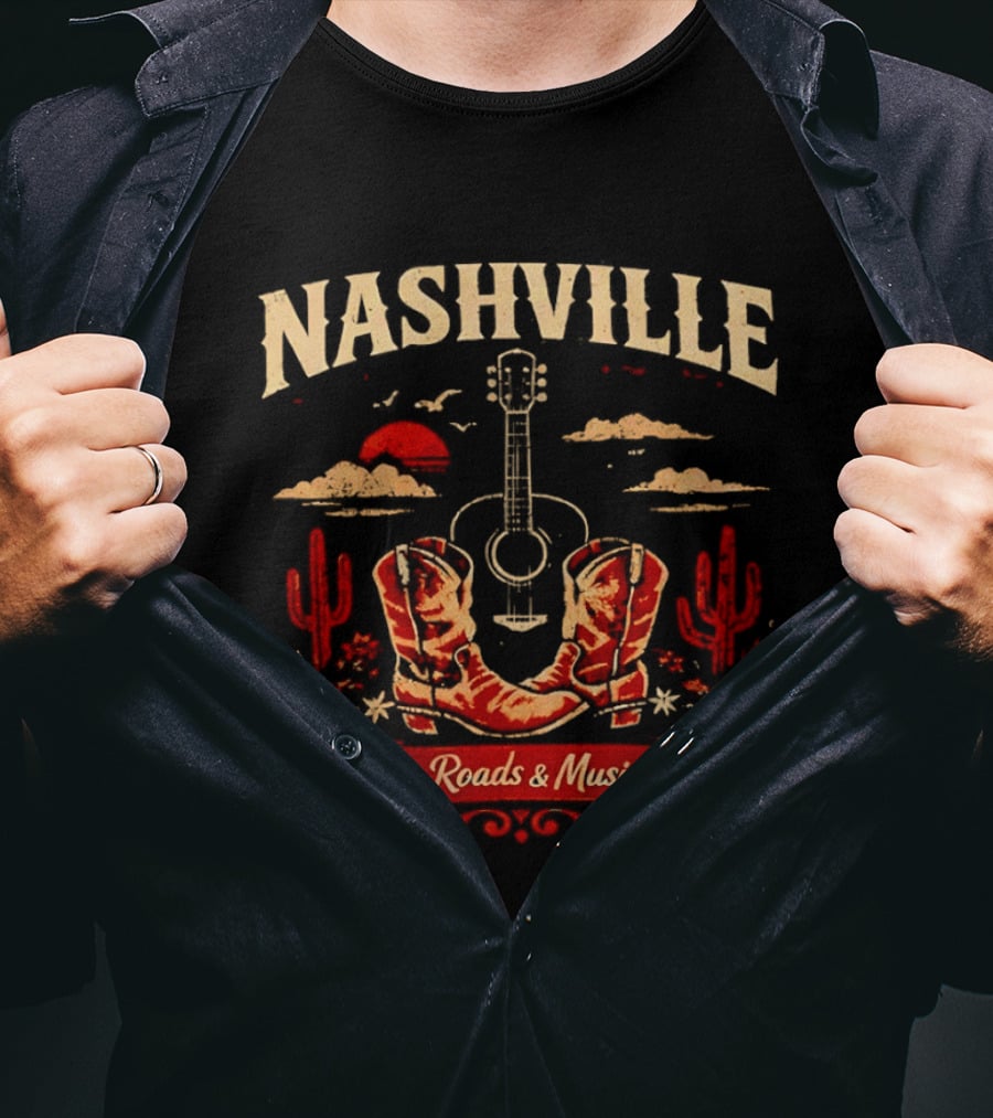 Nashville Country Roads Music Nights Boots Guitar Desert Cactus Moon Clouds T-Shirt