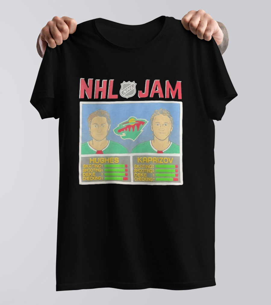NHL Jam Hughes Kaprizov Minnesota Wild Skating Shooting Deke Checking T-Shirt
